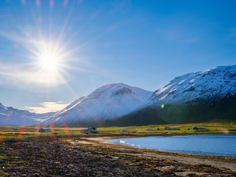 Village Arnes. Landscape in the Arneshreppur at bay Trekyllisvik. The Strandir in the Westfjords (Vestfirdir) in Iceland during autumn.