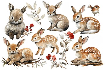 Fototapeta premium Adorable watercolor bunnies and birds nestled amongst winter branches and berries.