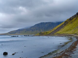The farms Melar. Landscape in the Arneshreppur at bay Trekyllisvik. The Strandir in the Westfjords (Vestfirdir) in Iceland during autumn.