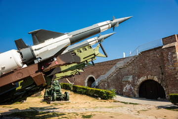 BELGRAD, SERBIA - SEPTEMBER 05, 2024: Museum of military history in the Kalemegdan fortress in  the city center. S-125 air defence complex near the fortress wall