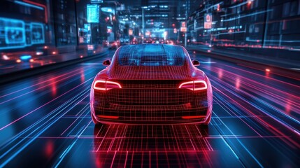 Fototapeta premium Futuristic car in a digital holographic cityscape with vibrant neon lights