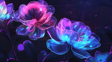 Vibrant neon flowers background in futuristic cyberpunk style with glowing petals and laser light streaks. Modern floral design with holographic effect