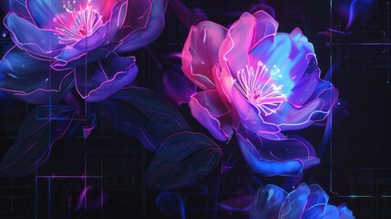Vibrant neon flowers background in futuristic cyberpunk style with glowing petals and laser light streaks. Modern floral design with holographic effect