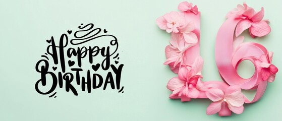 Happy 16th Birthday Floral Design with Pink Ribbon and Flowers