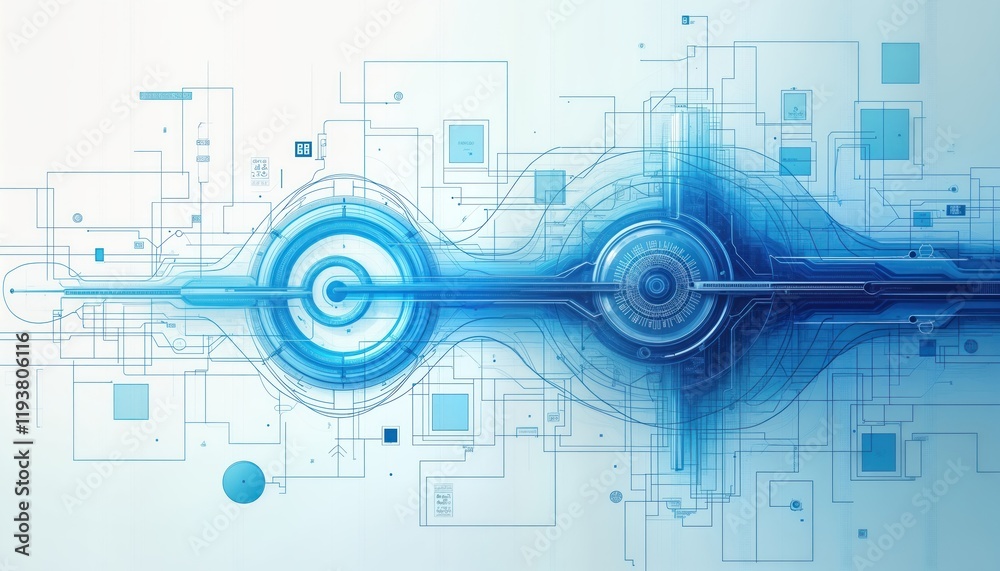 Poster Abstract tech illustration shows complex interconnected system. Futuristic design with flowing lines, circles. Blue elements suggest innovation, progress. Integrated components suggest sophisticated
