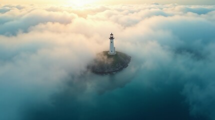 Fototapeta premium Faro visto desde el aire, rodeado de nubes. Un fondo increíblemente hermoso