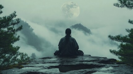 Obraz premium Serene Monk Meditating on Mountaintop under Full Moon