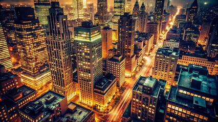 Vintage NYC Night: Illuminated Cityscape, Classic Architecture, Urban Lights