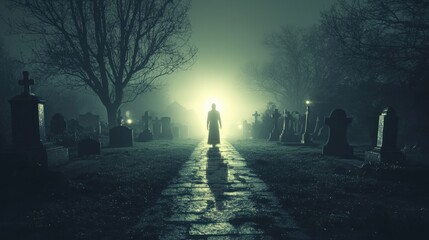 A mysterious silhouette stands in a foggy cemetery, illuminated by a ghostly light, creating a haunting and atmospheric scene.