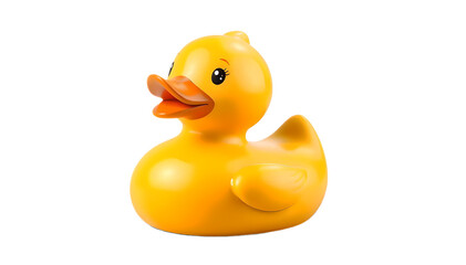 Bright yellow rubber duck toy with a cheerful orange beak, isolated on a transparent background, perfect for design and playful visuals