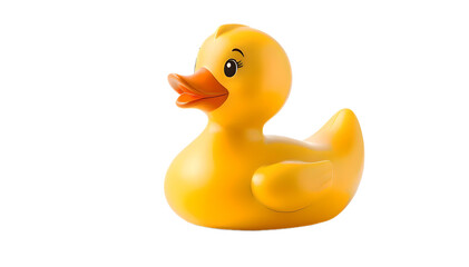 Bright yellow rubber duck toy with a cheerful orange beak, isolated on a transparent background, perfect for design and playful visuals