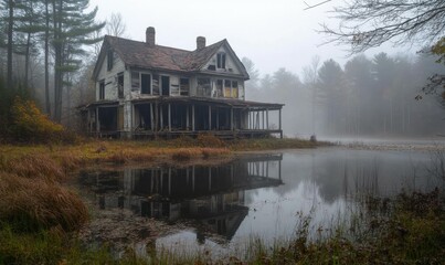 Obraz premium Abandoned House by a Foggy Lake in the Woods