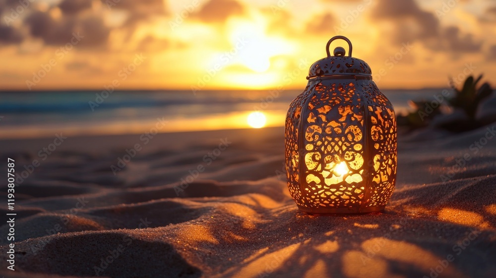 Wall mural Illuminated lantern on beach at sunset. (2)