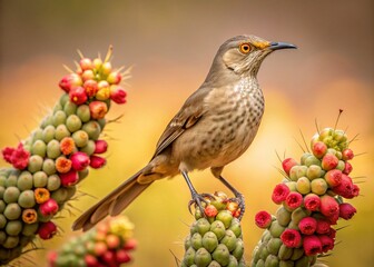 Fototapeta premium Vintage Photo: Bendire's Thrasher on Blooming Arizona Cactus