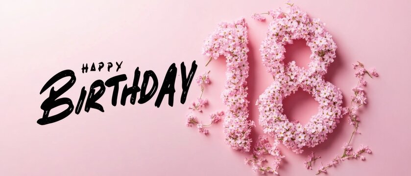 Happy 18th Birthday Floral Number Design on Pink Background
