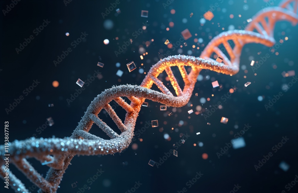 Poster Artistic illustration of DNA strand breaking into fragments information flow in genetic network. Molecular fragments flying in space. Visual representation of genetic process. Scientific tech