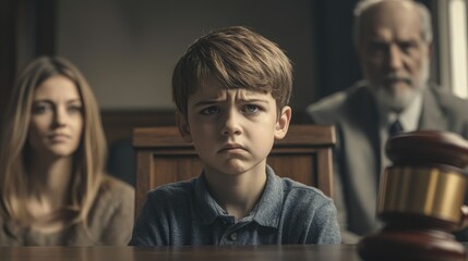 Obraz premium Sad boy sitting at a table in the background of his parents.