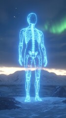 A glowing human figure stands against a breathtaking northern lights backdrop, representing the intersection of nature and technology.
