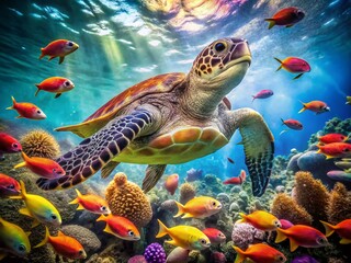 Fototapeta premium Vintage Photo: Giant Turtle & Tropical Fish in Ocean Paradise