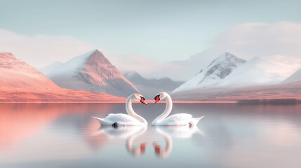 Black and White Swans Forming Heart on Tranquil Lake.