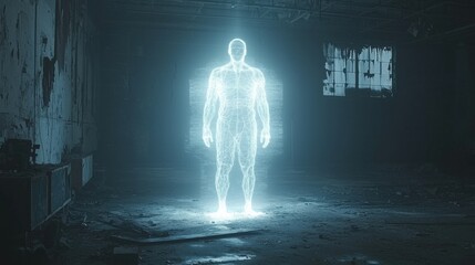 Obraz premium A glowing holographic figure stands amid the ruins of a derelict building, embodying themes of technology and mystery.