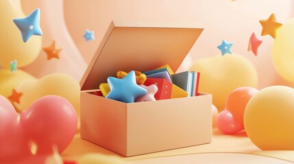 Open box filled with colorful toys and floating stars.