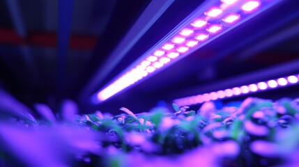Fototapeta premium A close shot of an LED lighting system illuminating a clean organized microfactory highlighting energy savings and minimal overhead costs associated with operating in a compact space.