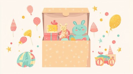 Fototapeta premium Open gift box with toys, balloons, and party hats.