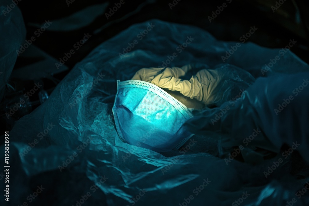 Leinwandbilder masks and gloves illuminated amid fading viruses in a dark setting showing the impact of health prec