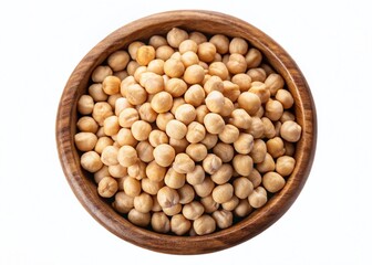 Vintage Photo of Raw Chickpeas in Wooden Bowl, Top View, Isolated White Background