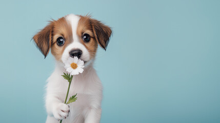 Cute Puppy Holding a Flower on Blue Background  .