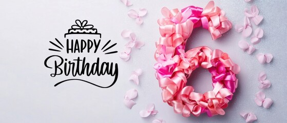Naklejka premium Festive Sixth Birthday Celebration: Pink Ribbon Number Six with Happy Birthday Text and Petals