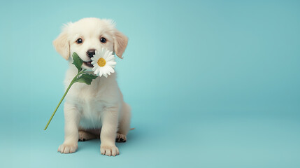 Cute Puppy Holding a Flower on Blue Background  .