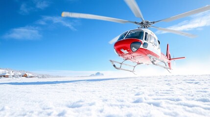 Helicopter medevac touches down on pristine snowy field under bright blue sky