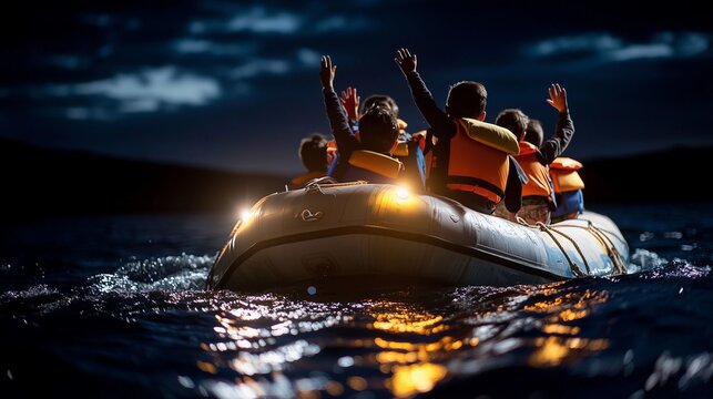 Children joyfully waving goodbye from a boat, creating lasting memories on a twilight adventure by the water