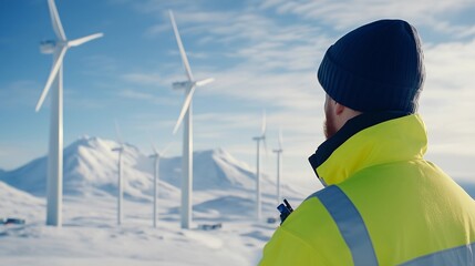 Wind turbines turning gracefully above the icy tundra under a bright blue sky