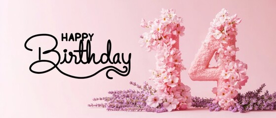 Naklejka premium Happy 14th Birthday Floral Number Cake Design with Lavender