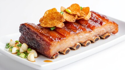 Fried pork belly garnished with crispy garlic chips, aromatic and savory, isolated on white background