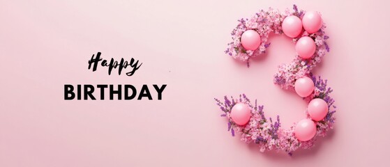 Naklejka premium Happy 3rd Birthday Floral Number Three Pink Balloons Lavender Flowers