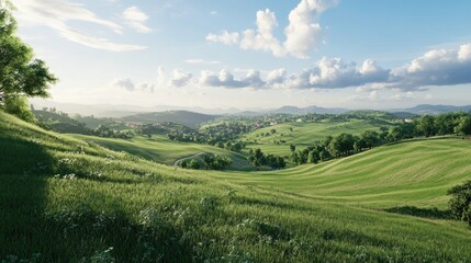 Fototapeta premium Serene Green Valley Landscape: Rolling Hills, Lush Meadows, and Distant Village under a Sunny Sky