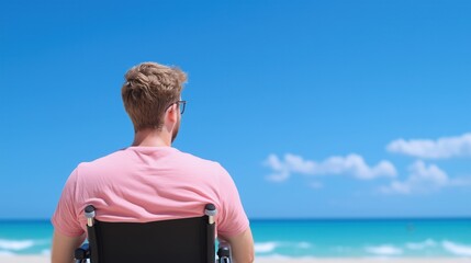 Fototapeta premium Man in Wheelchair Enjoying Serene Beach View on Sunny Day with Clear Blue Sky, Embracing Freedom and Relaxation in Nature, Facing Ocean Horizon, Symbolizing Independence and Tranquility