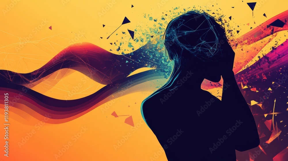 Poster illustration of a person experiencing discomfort with abstract waves and geometric shapes depicting 