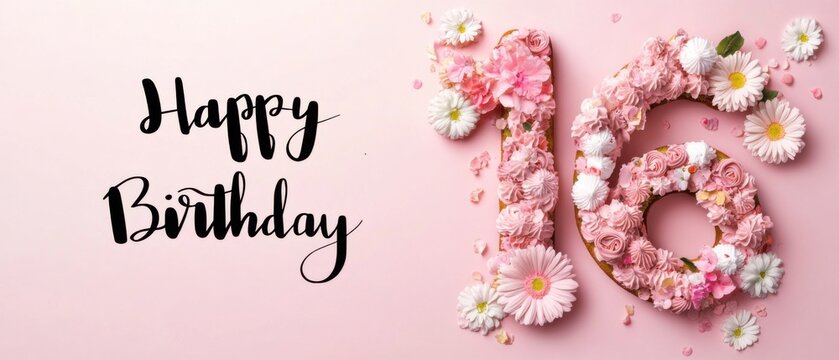 Sweet Sixteen Birthday Cake Number 16 with Pink Flowers and Happy Birthday Text