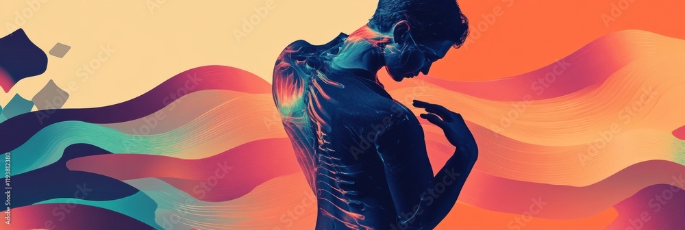 Leinwandbilder abstract representation of pain with a person holding their back amidst vibrant waves and sharp shap
