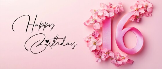 Happy 16th Birthday Pink Floral Ribbon Number Sixteen Sweet Sixteen