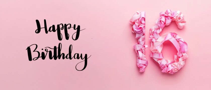 Happy 16th Birthday Pink Ribbon Celebration Stock Photo