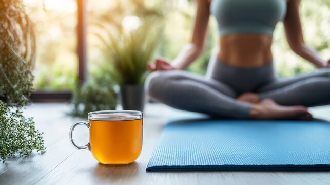 Young caucasian female practicing yoga with herbal tea on mat in tranquil setting