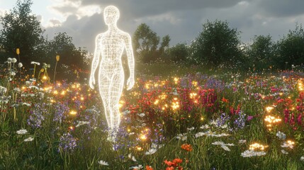 A glowing, wireframe figure walks through a colorful field of wildflowers, evoking a sense of wonder and connection to nature.