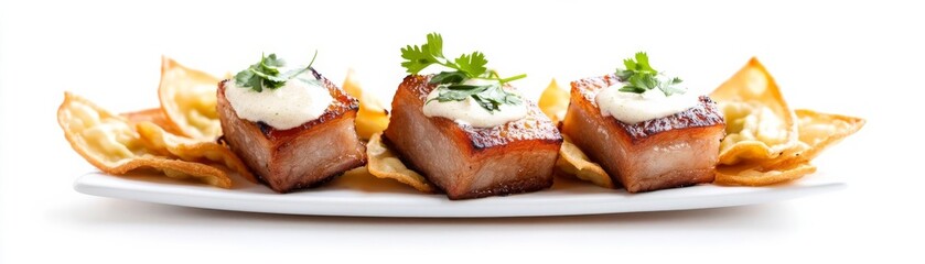 Fried pork belly on crispy wonton chips, topped with herbs and creamy sauce, isolated on white background