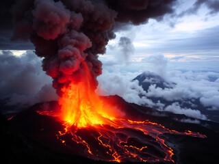 Erupting volcano emitting smoke and lava, perfect for nature and dramatic landscape themes. Generative AI